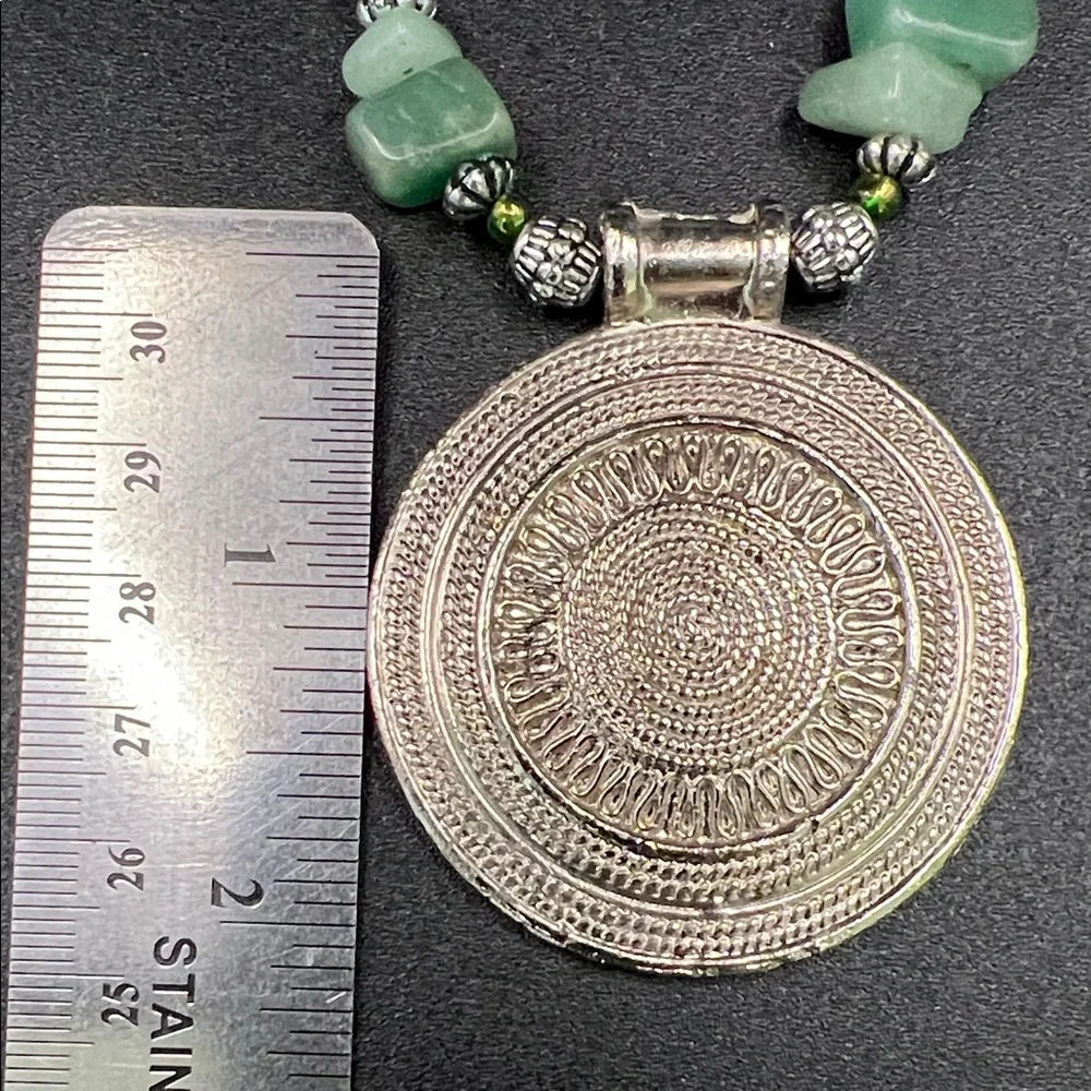 Artisan Handmade Green Stone 20” Necklace with Silver Medallion Pendant - Picture 9 of 10